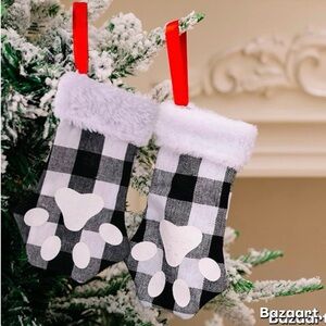 2pc 8” buffalo plaid Black white PAW faux fur Pet  Christmas stocking